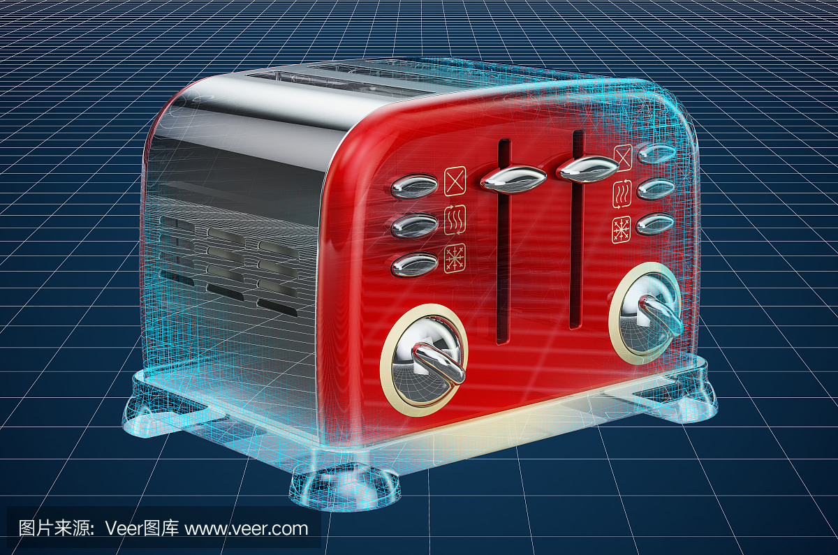 可视化三维cad模型的复古烤面包机,蓝图。三维渲染